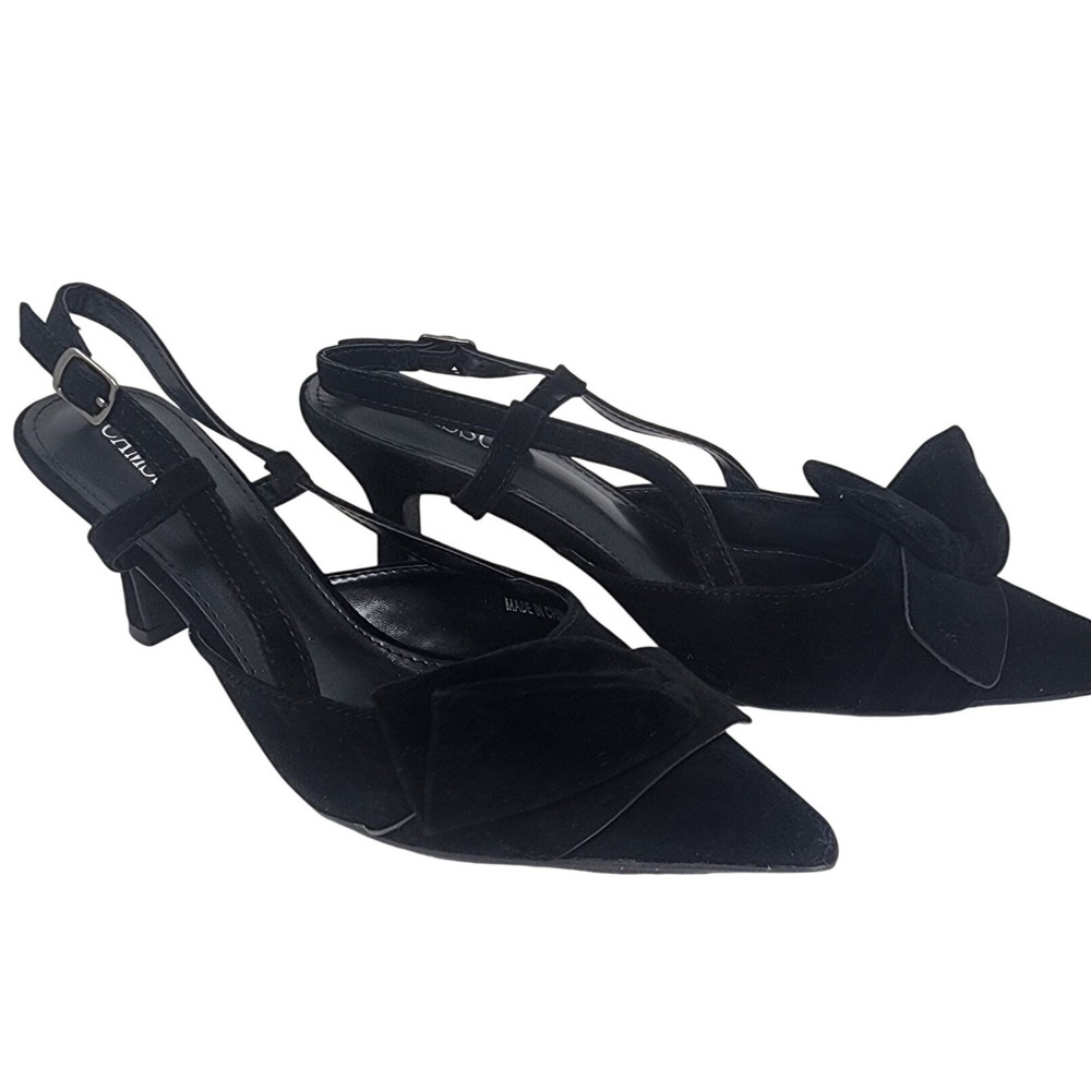 CAMSCOO Black Suede Pointed Toe Slingback Bow Kitten Heels Women Size 7.5 - Picture 4 of 12